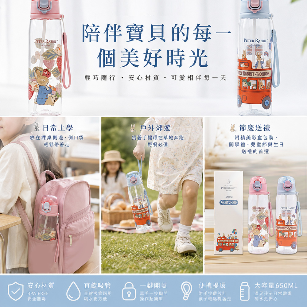 【PETER RABBIT 比得兔】童趣漫遊 Tritan 輕量吸管水壺 650ml－2款可選, , large