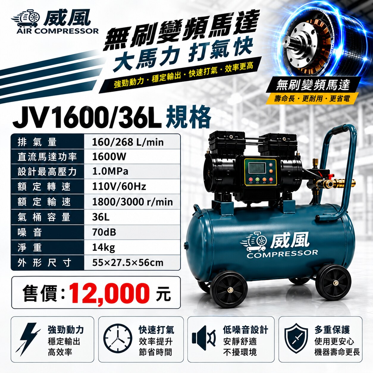WIN五金 威風 JV1600/36L 無刷變頻空壓機｜36L鋁桶｜四段智慧調壓｜1600W｜輕量14KG｜快速打氣, , large