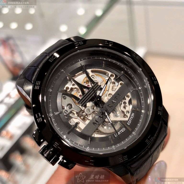 [星晴錶業]MASERATI手錶,46mm,R8821119006機械鏤空錶面黑錶殼深黑色真皮皮革錶帶款, , large