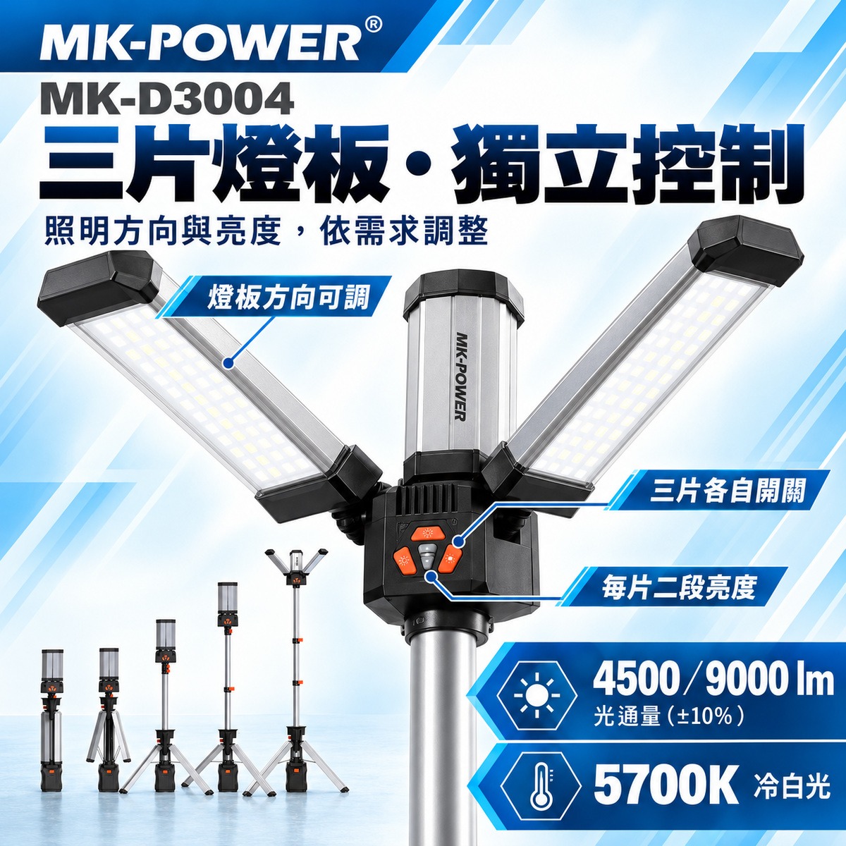 【WIN五金】MK-POWER MK-D3004 18V LED工作燈 伸縮三腳架 折疊照明燈 工地維修露營燈 探照燈, , large