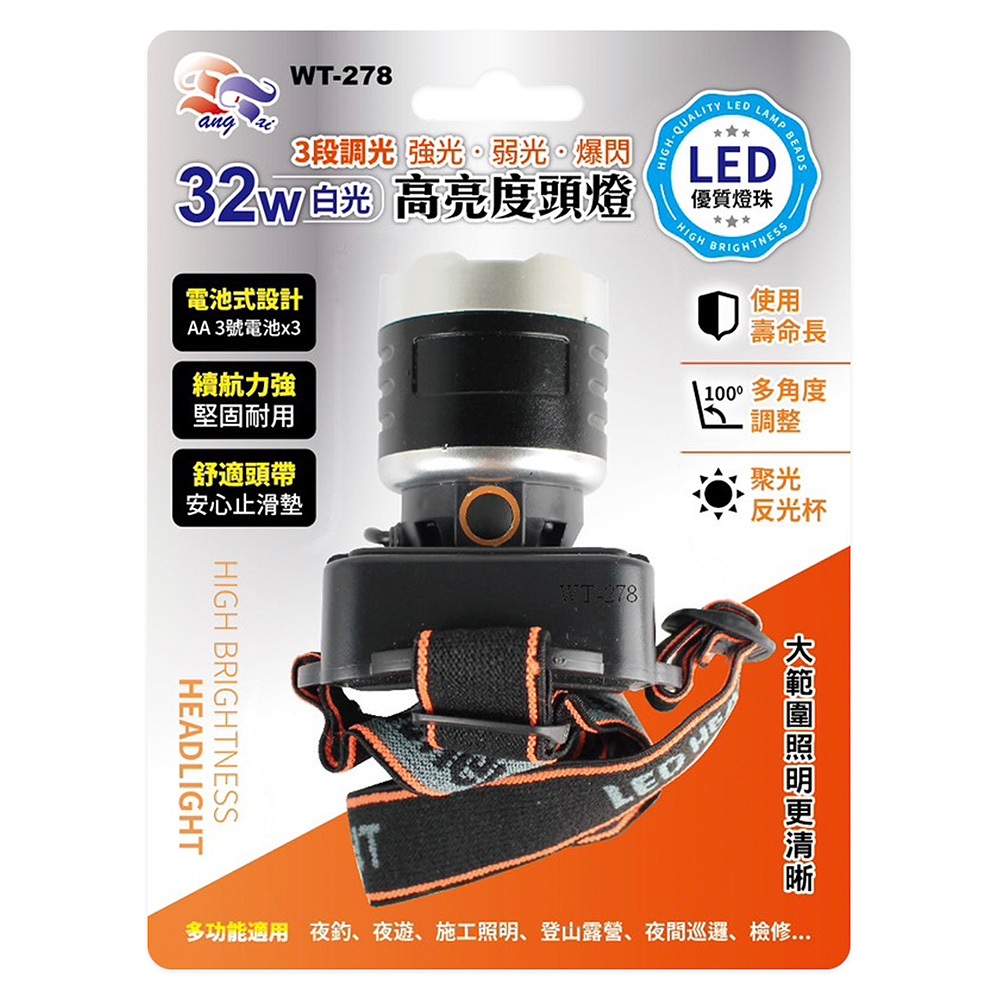 WT-278 Dongtai High Brightness Headlight 32W White LED, 3-Stage Dimming, Battery-Powered Outdoor Lighting, , large