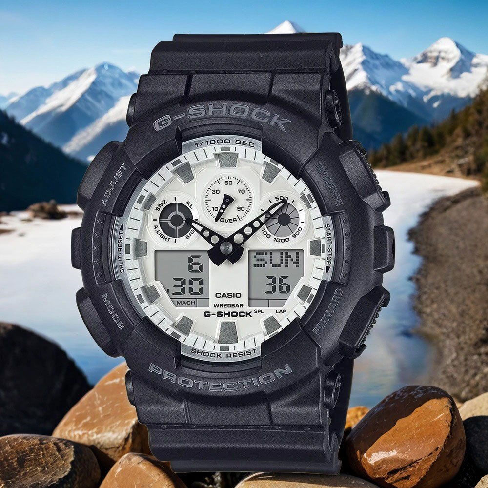 CASIO 卡西歐 G-SHOCK 黑白經典雙顯手錶 GA-100WD-1A, , large