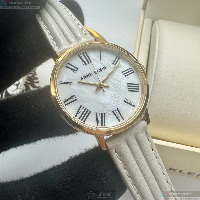 [星晴錶業]ANNE KLEIN手錶,34mm,AN00613貝母錶面金色錶殼淺灰色真皮皮革錶帶款, , large