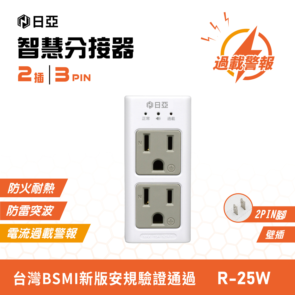 [寶旺旺] 日亞 智慧3孔2插 蜂鳴 分接器(新安規 電流過載 警報裝置) R-25W, , large