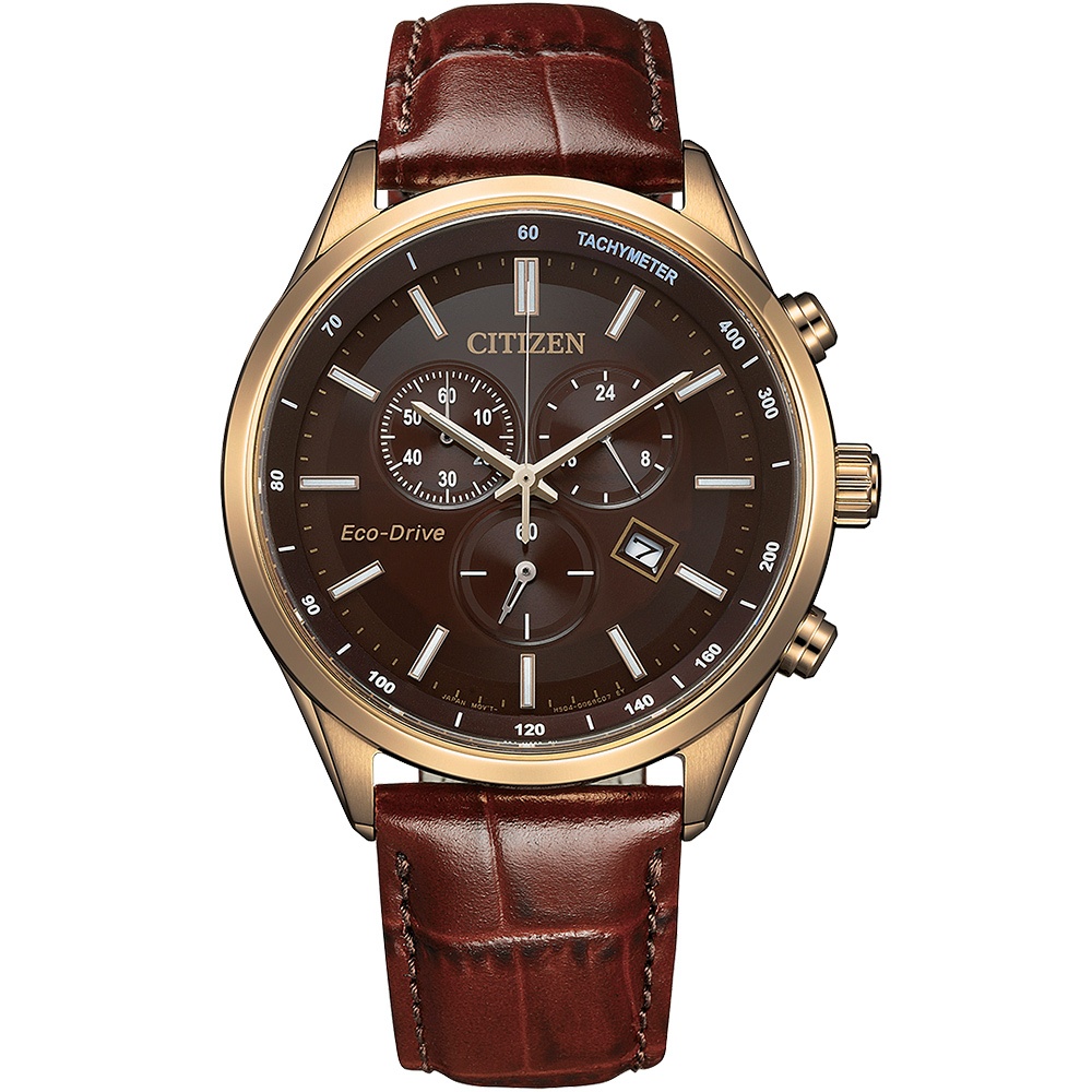 CITIZEN 星辰 亞洲限定款 光動能三眼計時手錶 送禮-咖啡x玫瑰金/42mm AT2573-07X, , large