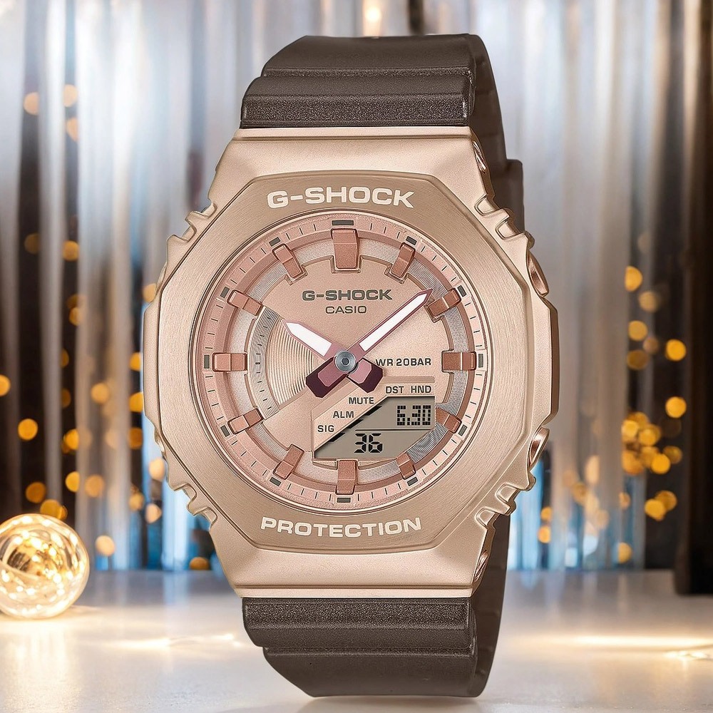 CASIO 卡西歐 G-SHOCK 粉紅金x咖啡 八角 手錶 女錶 GM-S2100CB-5A, , large