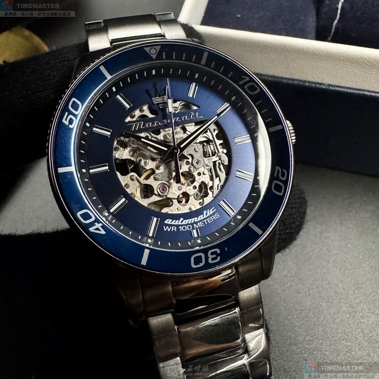 [星晴錶業]MASERATI手錶,44mm,R8823140015寶藍色雙面機械鏤空錶面槍灰色錶殼槍灰色精鋼錶帶款, , large