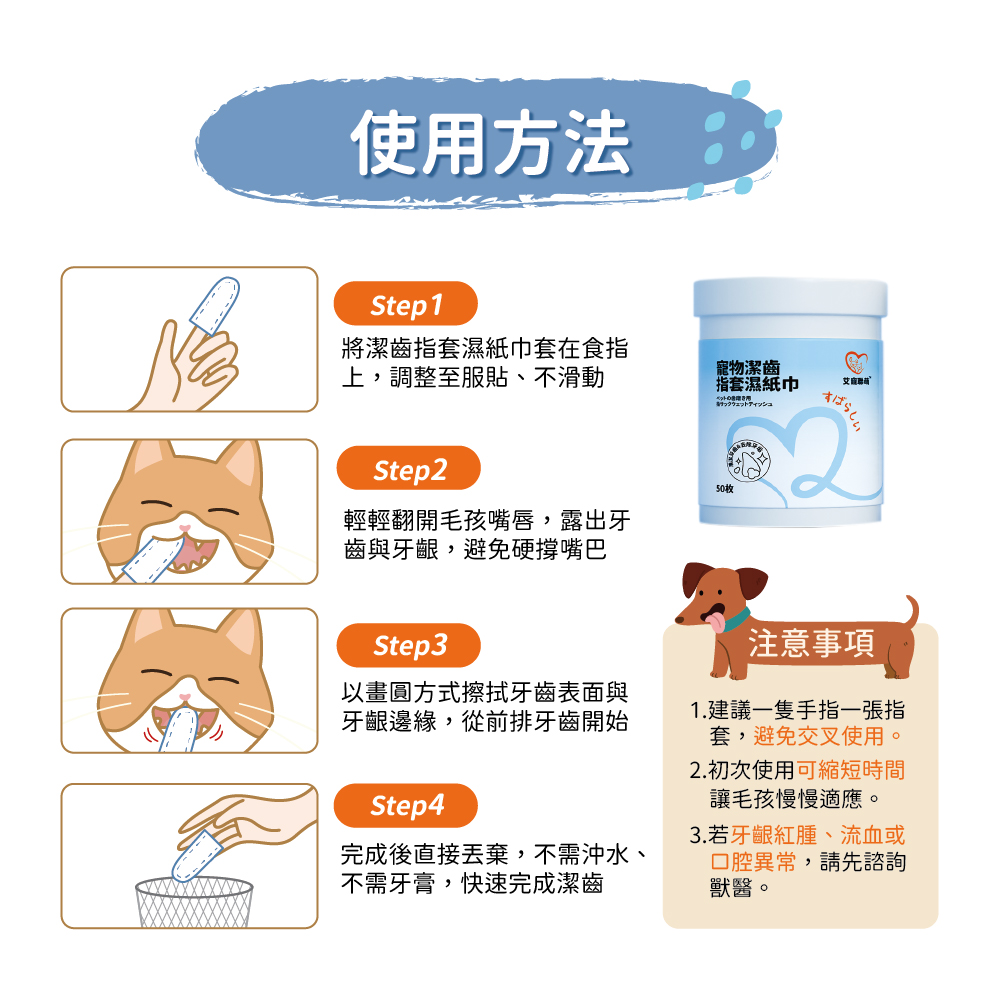 【艾寵聯萌】寵物潔齒指套濕紙巾50片 1瓶（口腔護理 茶多酚 犬貓適用 寵物美容 寵物牙膏 牙垢 潔牙 牙菌 洗牙）, , large