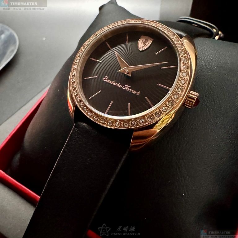 [星晴錶業]FERRARI手錶,34mm,FE00090黑色錶面玫瑰金錶殼深黑色真皮皮革錶帶款, , large