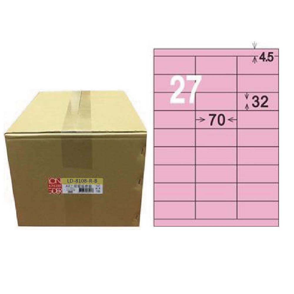 【龍德】LONGDER 三用電腦標籤 A4 27格 32*70mm粉紅1000張/箱 LD-8108-R-B(適用雷射、噴墨、影印), , large