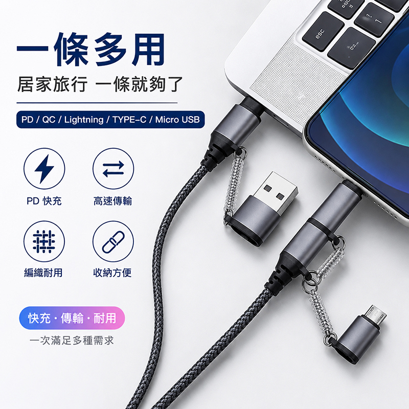 [翊承國際]【免運 + 贈品】PD QC 6合1快充編織傳輸線, , large