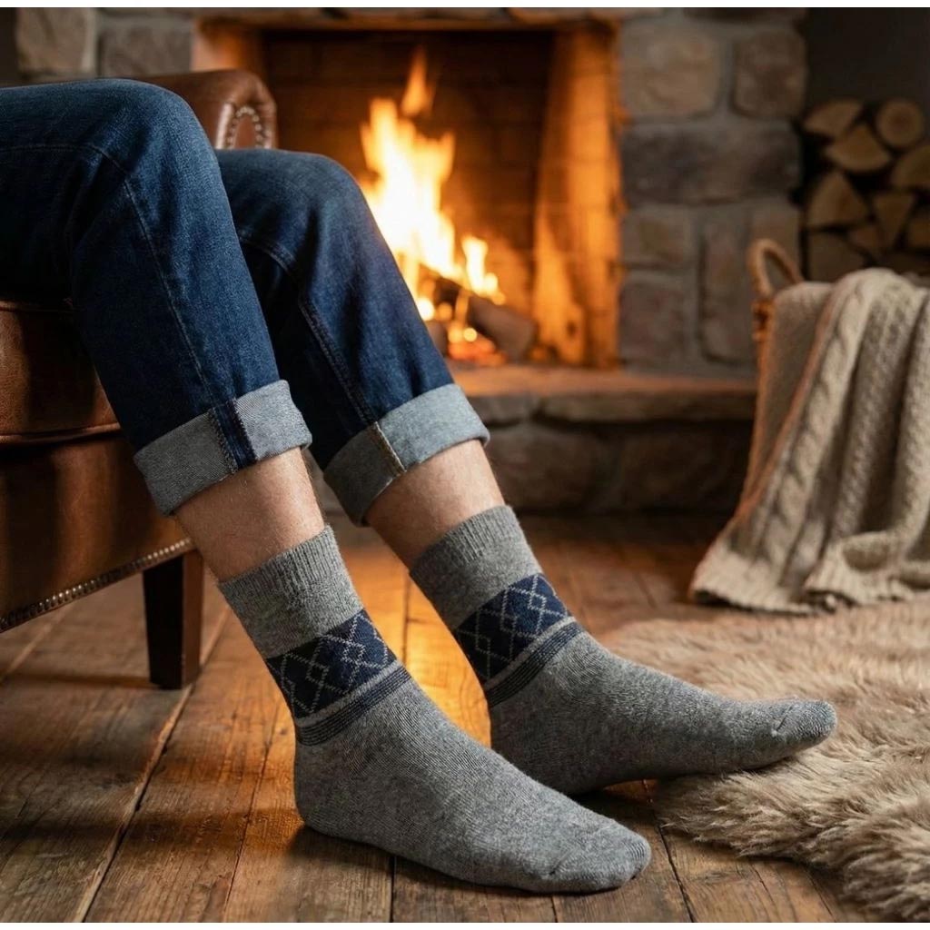 [Kaimi Cotton] 7-Pair Set &ndash; Random Colors &ndash; Winter Essential (Men&rsquo;s) Premium Thermal Wool Socks &ndash; Cold-Proof / Warm / Long Winter Socks &ndash; Argyle Design, , large