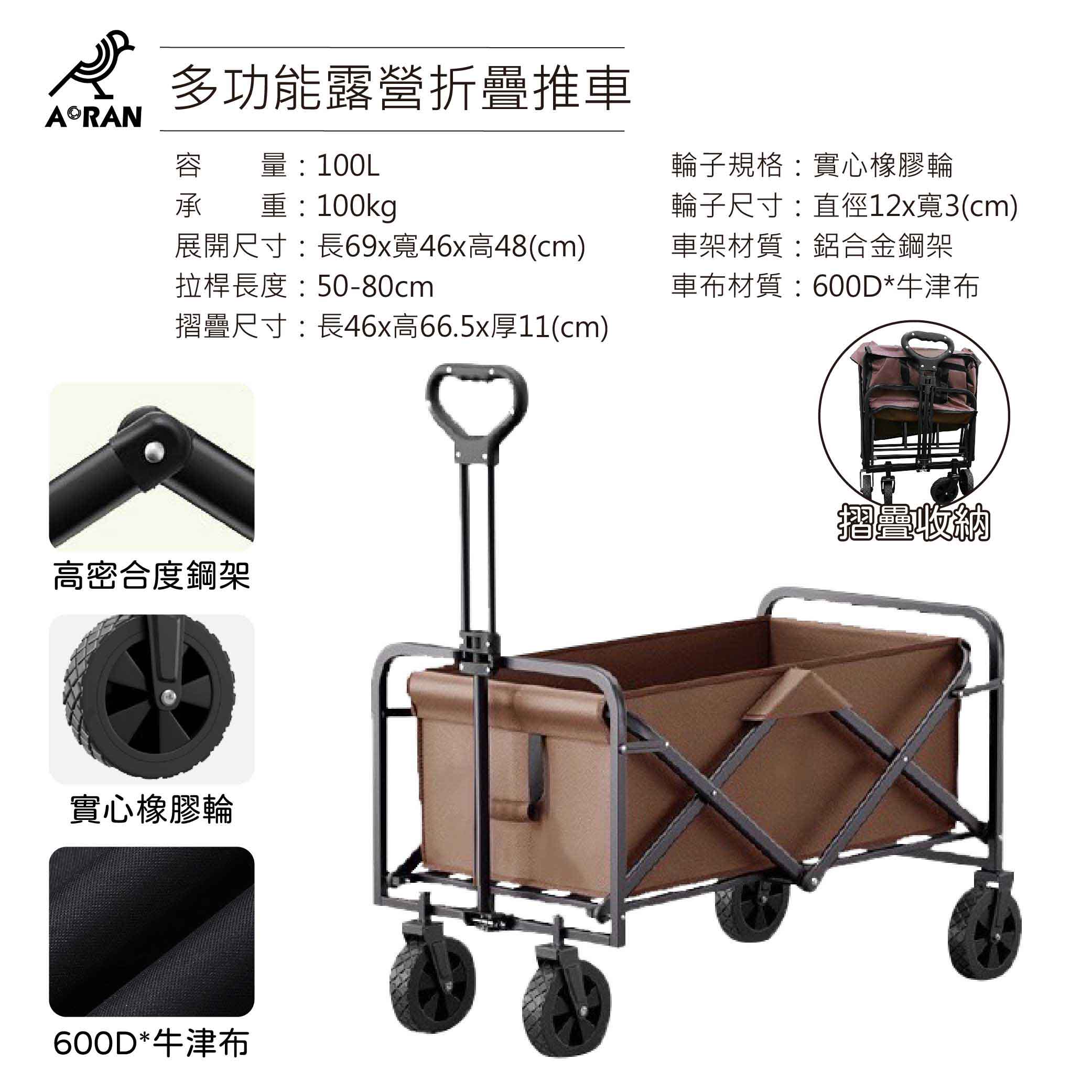 鉅玉經典｜露營折疊推車 100L 德國工藝 摺疊手拉車 露營推車 小孩推車 JY-020, , large