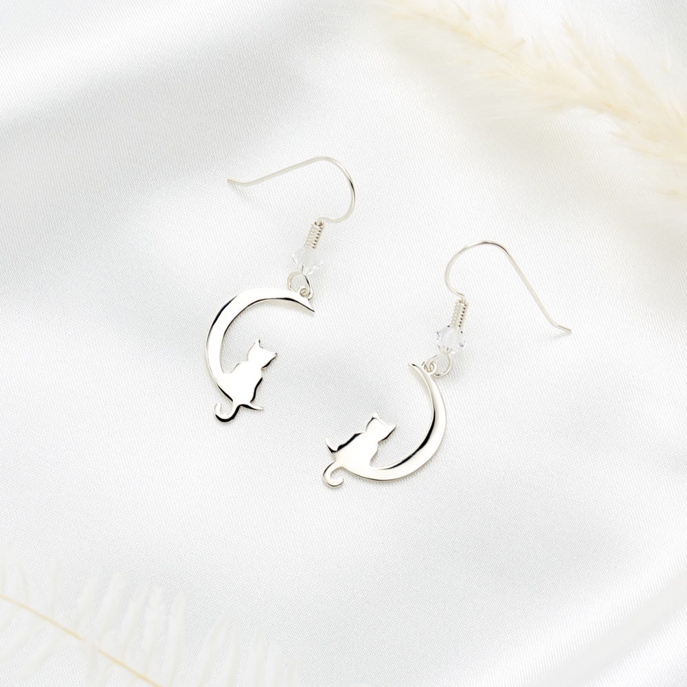 【Angel & Me】Cat On The Moon s925 sterling silver earrings Birthday gift, , large