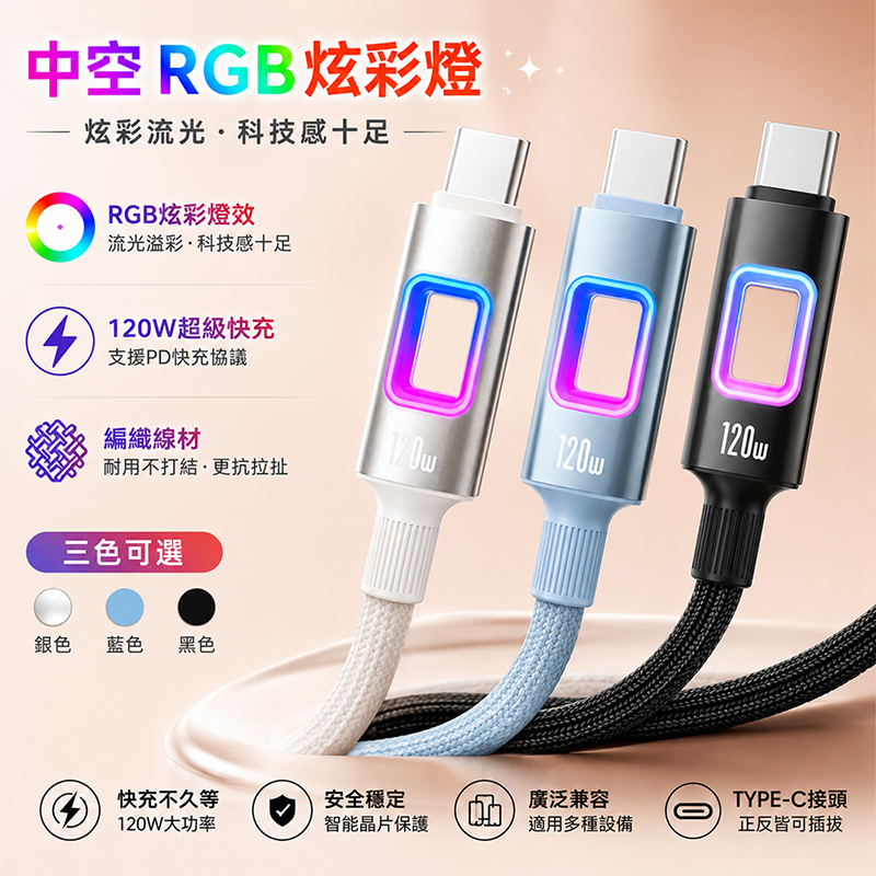 [翊承]【免運 + 贈品】PD 120W 中空炫彩手機閃充編織線TYPE-C TO TYPE-C, , large