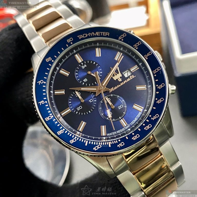 [星晴錶業]MASERATI手錶,44mm,R8873640012寶藍色錶面寶藍錶殼金銀相間精鋼錶帶款, , large