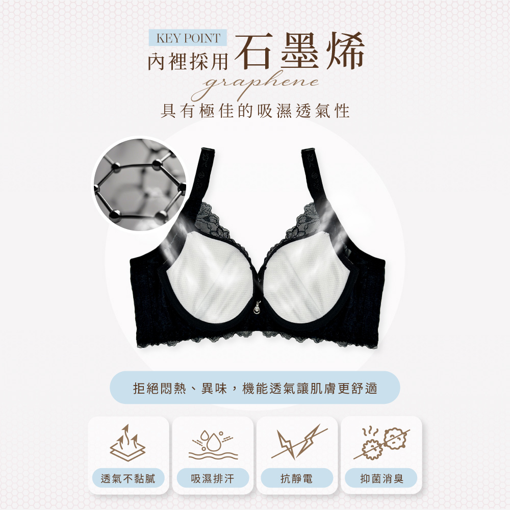 【Clany可蘭霓】沁柔微光 石墨烯蕾絲軟鋼圈BCD蕾絲內衣 ｜集中包覆・透氣抑菌 ｜質感黑 8072-63, , large