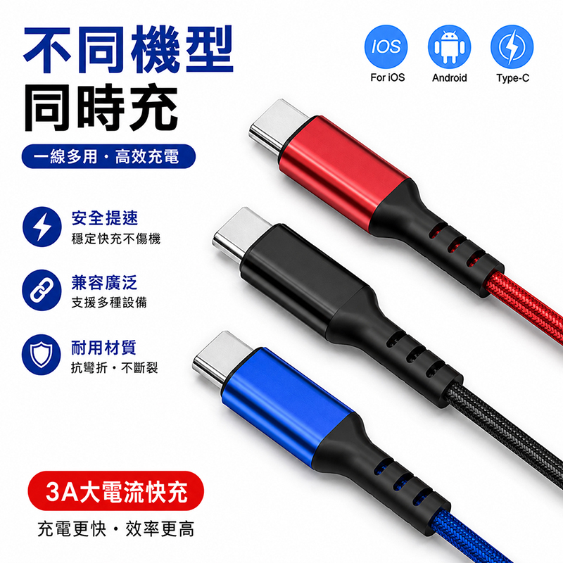 [翊承國際]【免運 + 贈品】三色元素三合一編織快充線, , large