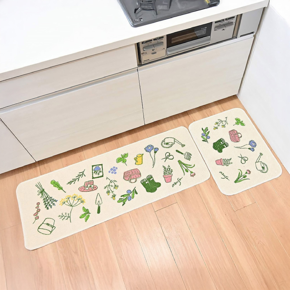 [Japan Oka] Made in Japan Recycled Printed Kitchen Mat 45&times;120cm (Green Field Path Style / Machine Washable / 4mm Thick), , large