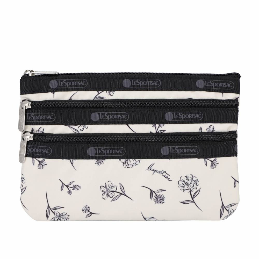 Lesportsac 3-Zip Cosmetic 三層拉鍊化妝包 收納包 盥洗包 女包 男包(素描花卉), , large