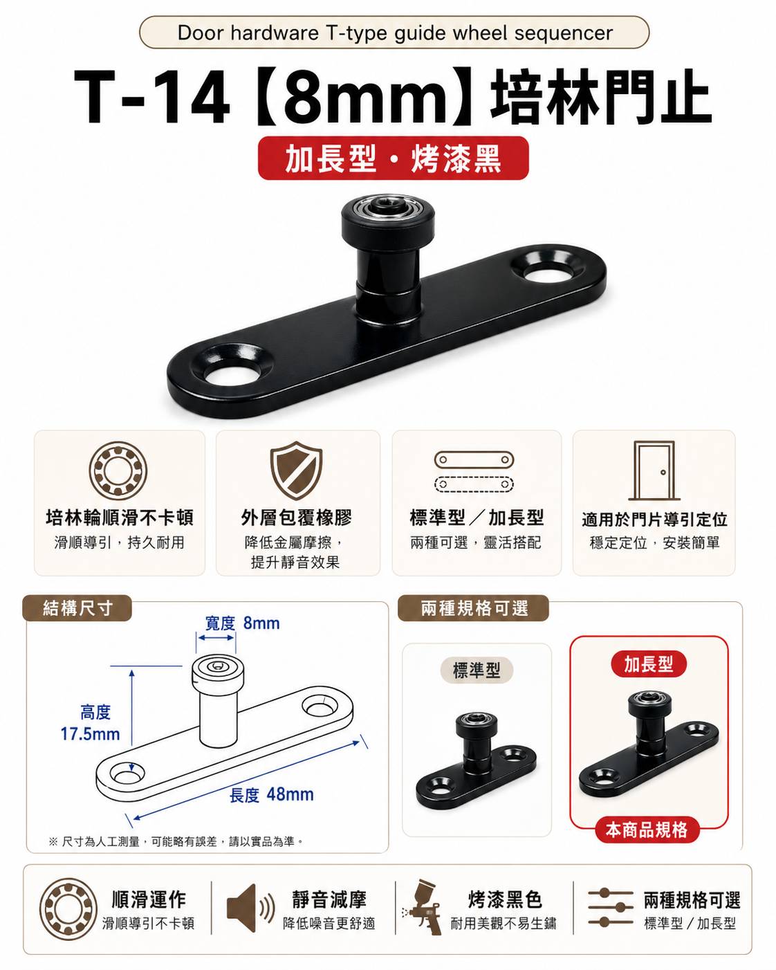 【1955 city】T-14 二分半/8mm 靜音T型培林 上導輪 五金配件  門止 固定輪 2分半 土地公 吊／拉門／櫥衣櫃導輪 止擺器 (加長型-烤漆黑), , large