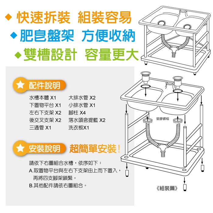 【雙手萬能】台灣製 豪華塑鋼雙水槽-附洗衣板(洗衣水槽 洗碗槽 洗衣檯 洗濯槽), , large