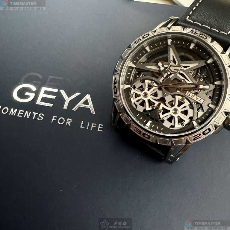 [星晴錶業]GEYA手錶,44mm,G78155GWK雙面機械鏤空錶面銀錶殼深黑色真皮皮革錶帶款, , large