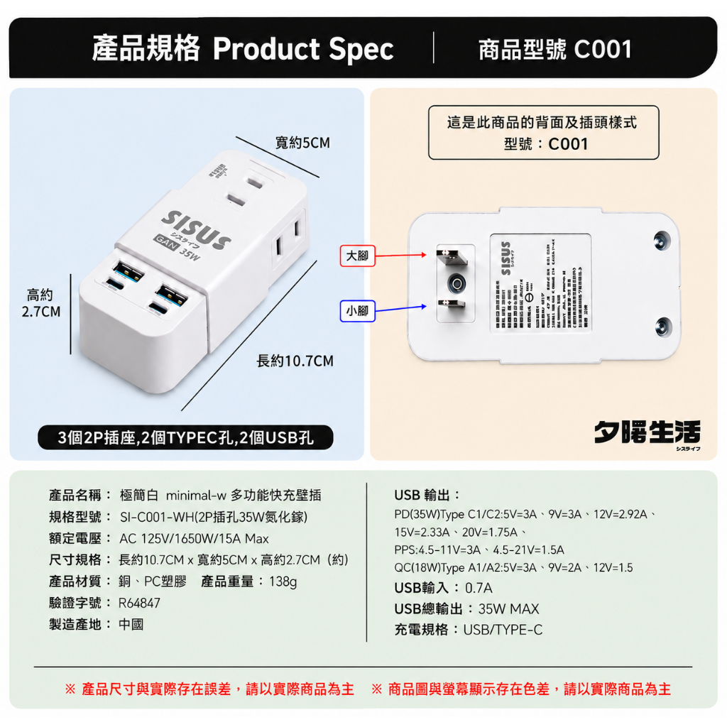 《氮化鎵-多功能-安全壁插》分接-Typ《氮化鎵-多功能-安全壁插》分接-Type-C智能快充-專利PTP-極簡白-mi, , large