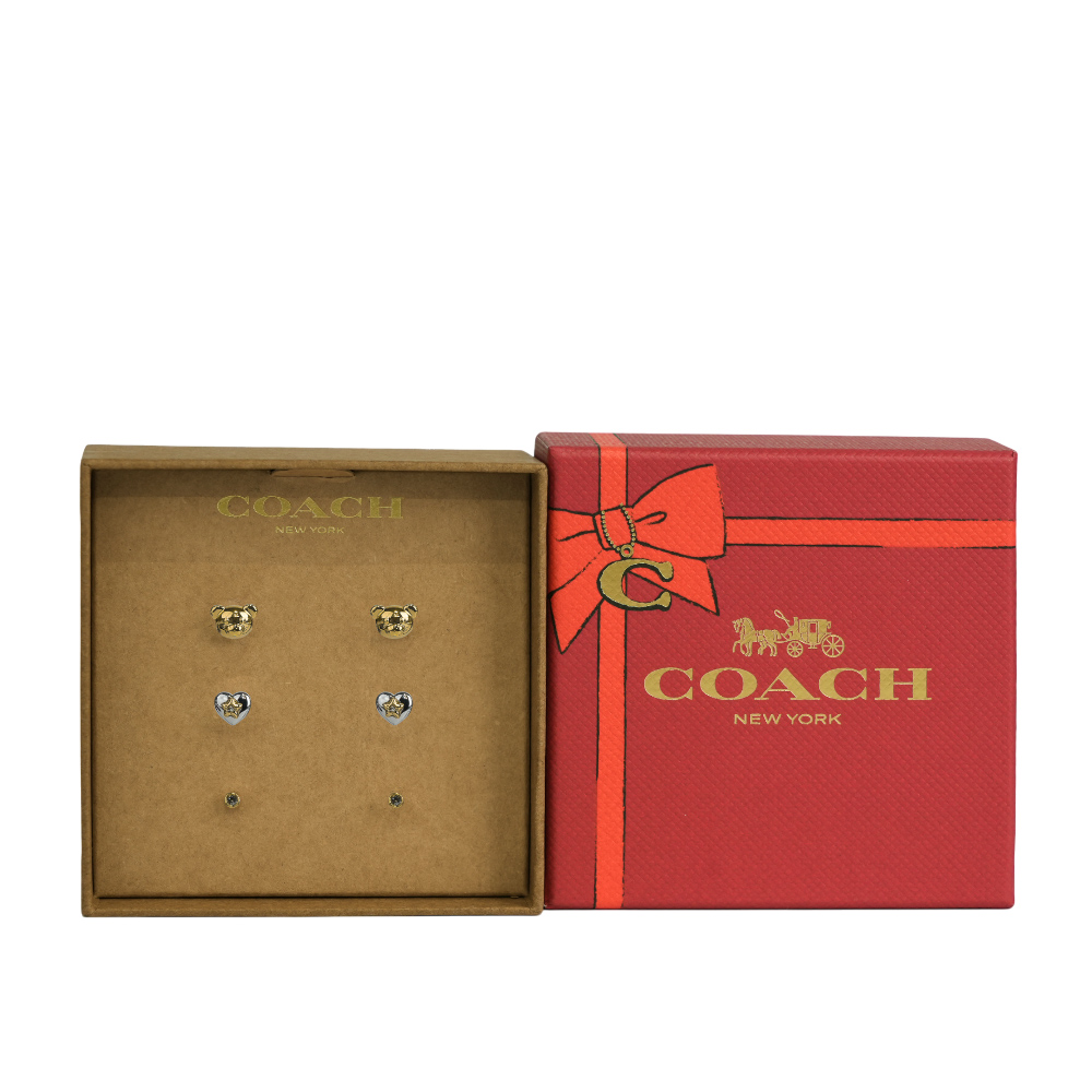 COACH 泰迪熊/愛心/圓形玻璃水鑽造型耳環禮盒組/金色/銀色, , large