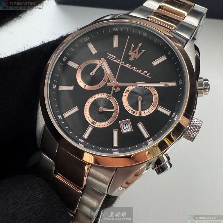 [星晴錶業]MASERATI手錶,42mm,R8853151002黑色錶面玫瑰金錶殼金銀相間精鋼錶帶款, , large