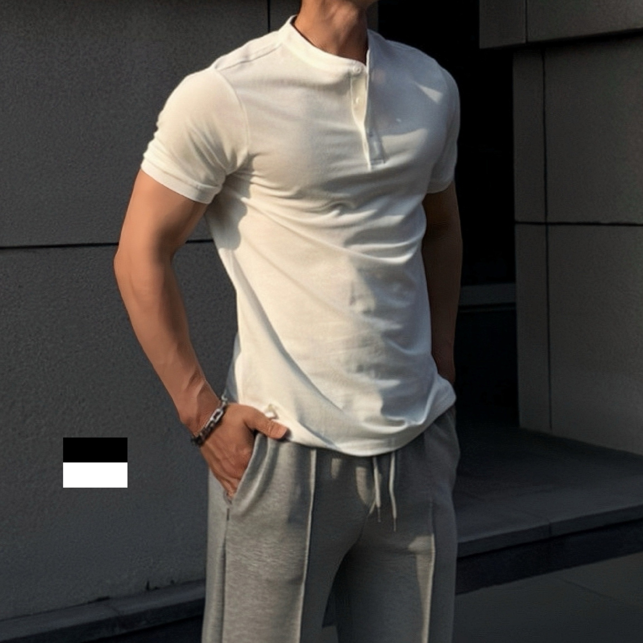 縮袖-亨利領Tshirt, , large