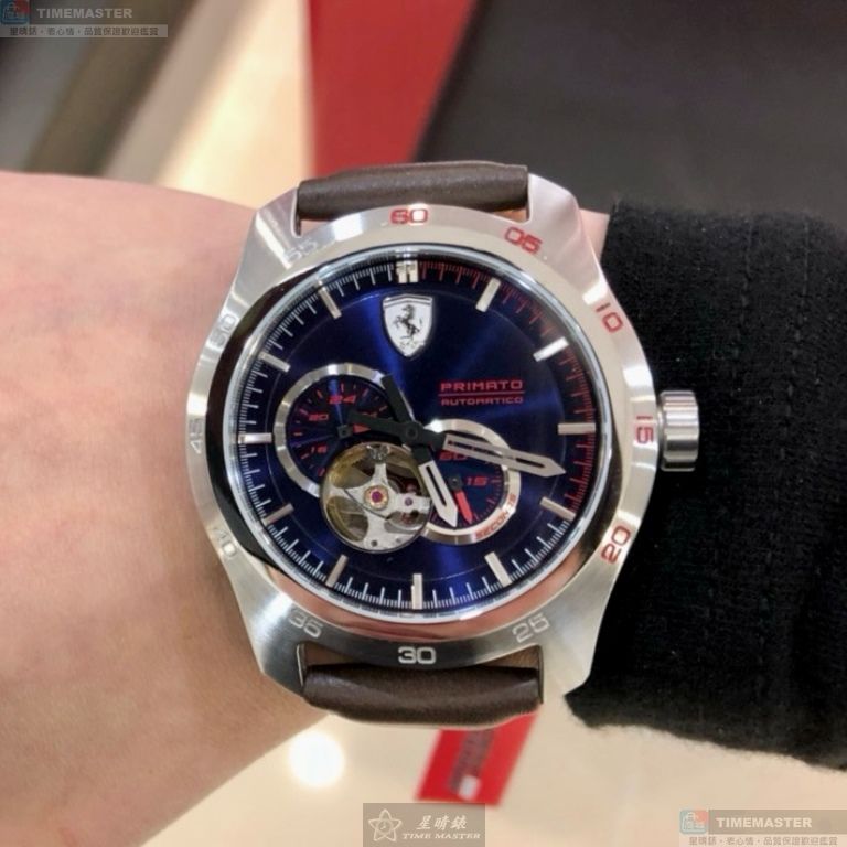 [星晴錶業]FERRARI手錶,44mm,FE00109寶藍色錶面黑錶殼咖啡色真皮皮革錶帶款, , large