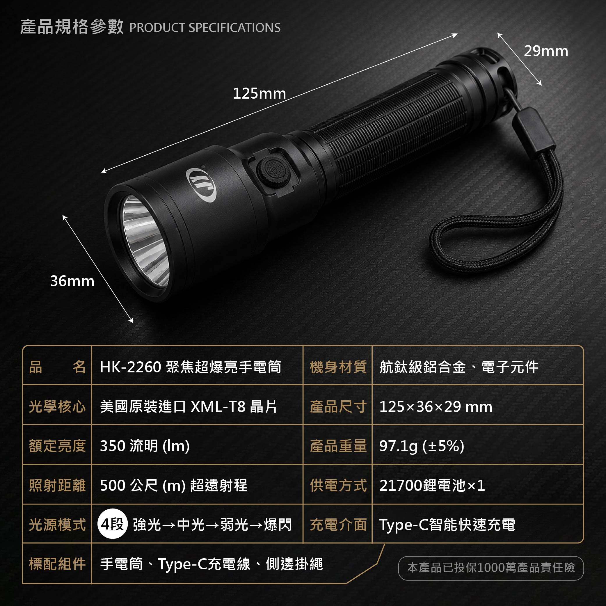 鉅玉經典｜100W-T8聚焦超爆亮充電手電筒 HK-2260, , large