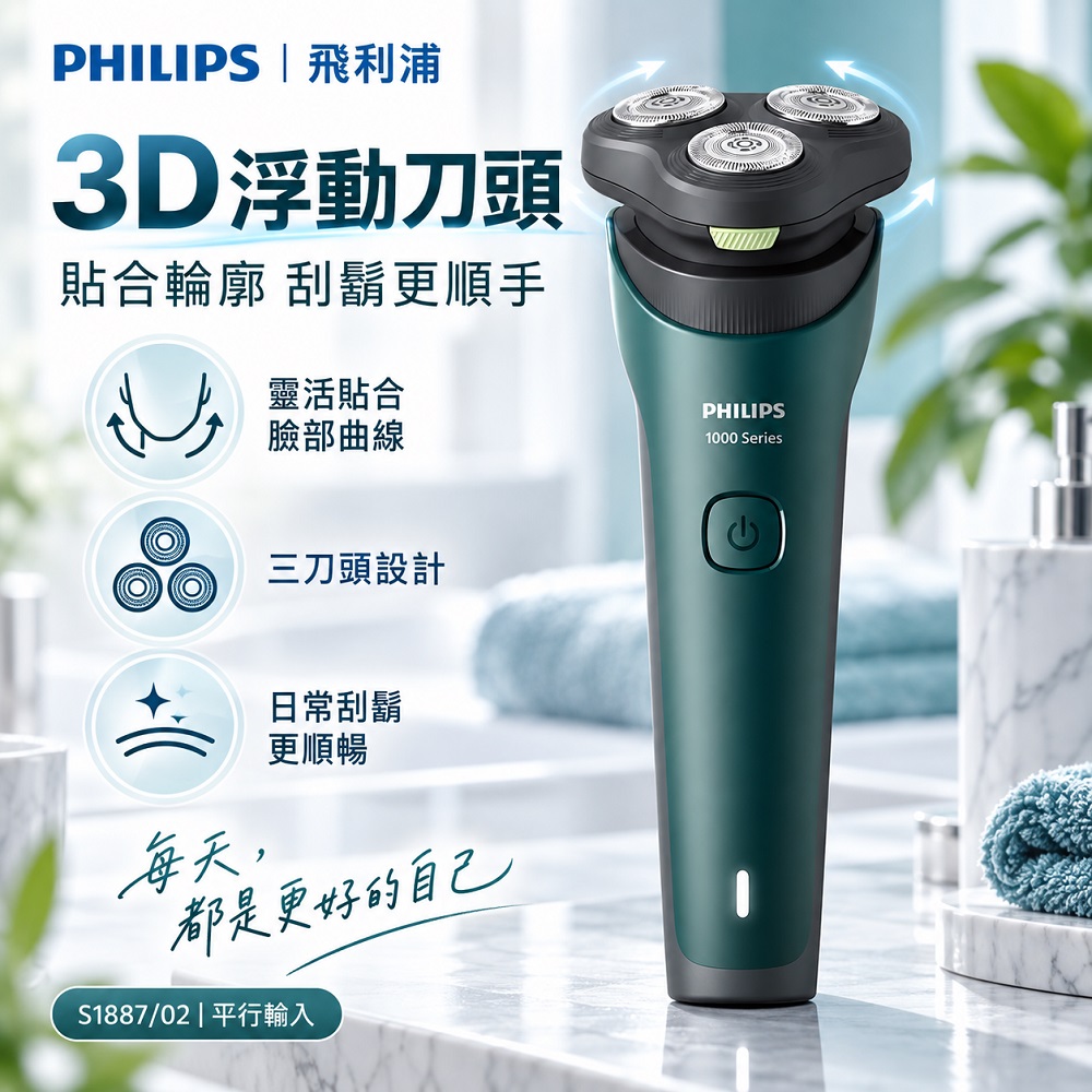 【Philips 飛利浦】3D浮動刀頭5分鐘快充乾濕兩用電動刮鬍刀 S1887/02 IPX7防水 買就送CME-SK500, , large