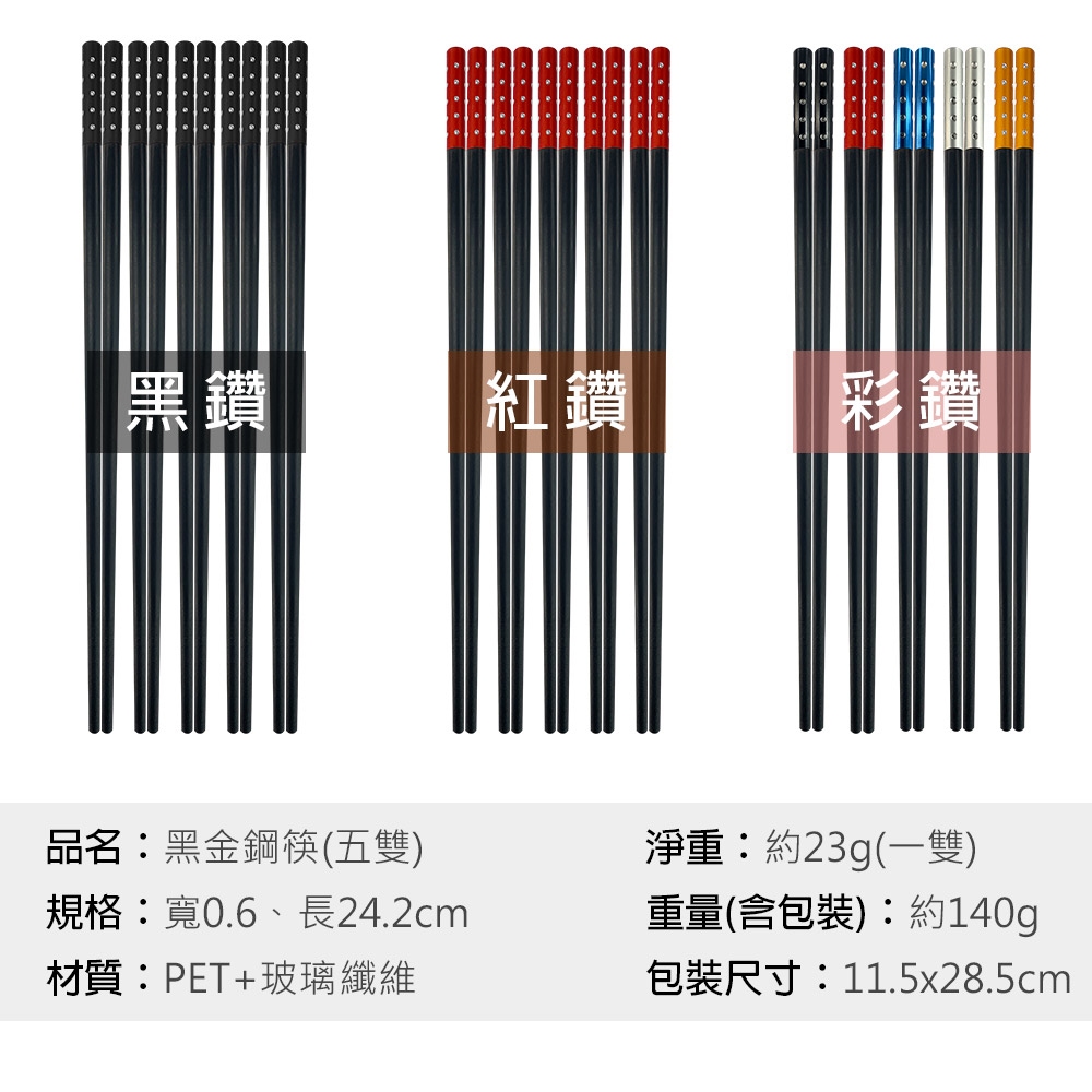 PERFECT 理想牌 黑金鋼筷筷子五雙入可放洗碗機餐具 紅鑽-Leidea樂德兒, , large