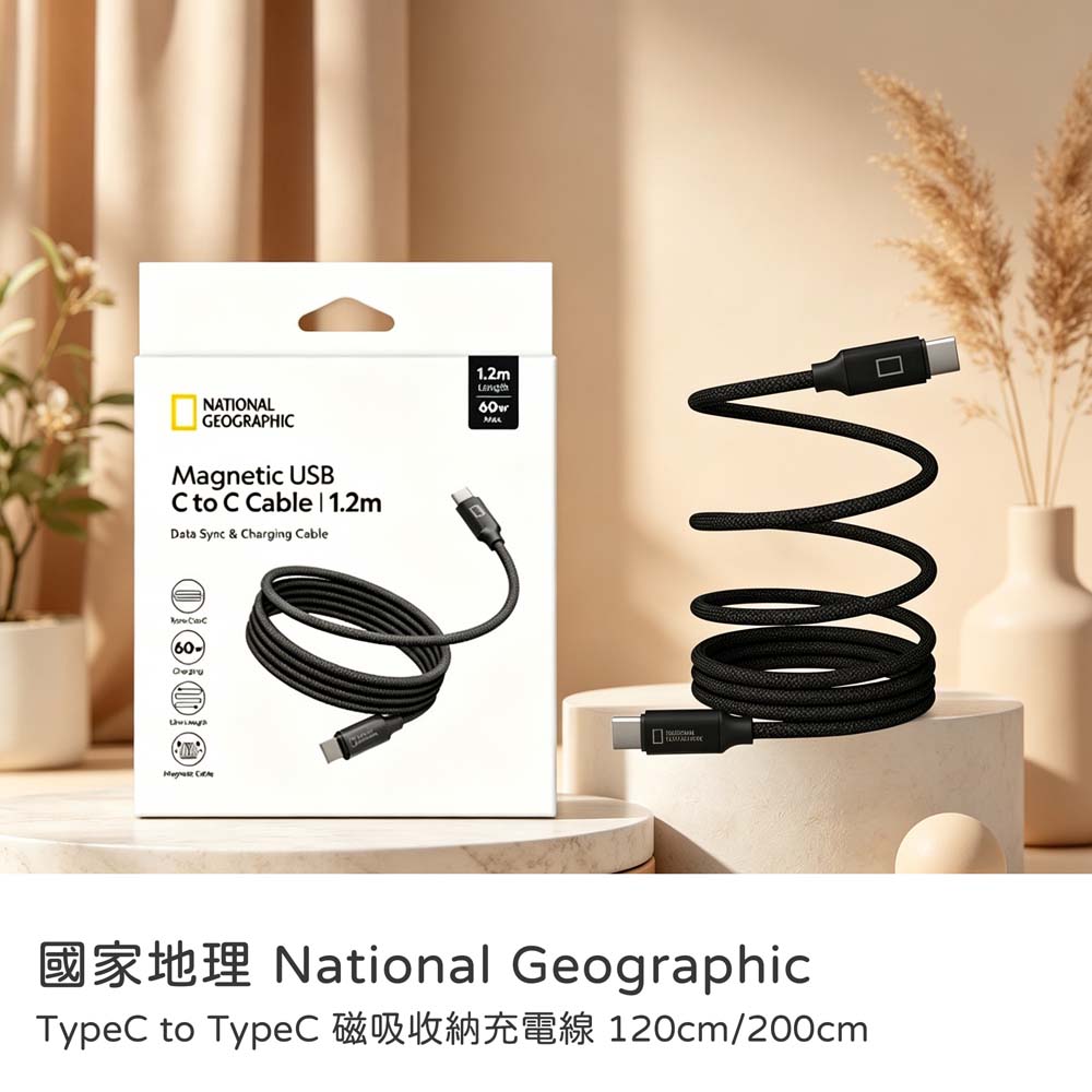 【山水之寶】國家地理 Type-C to Type-C 120cm/200cm 60W磁吸收納＋自動吸附快速充電傳輸線充電線材蘋果/安卓均適用, , large