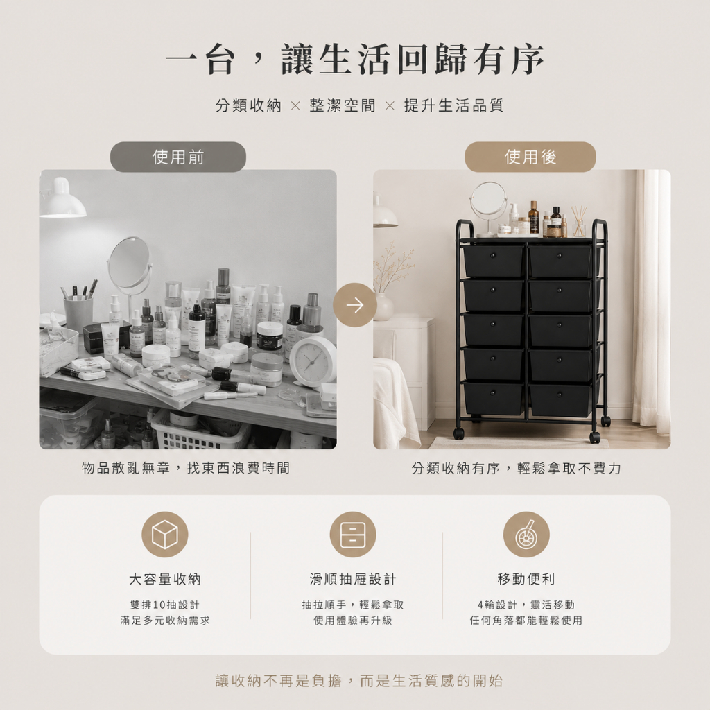 【Roomix】10層移動式抽屜收納車 空間救星 台灣製 黑色置物架 辦公活動櫃 美容美甲推車 玩具收納箱 文件櫃  (附輪/DIY), , large