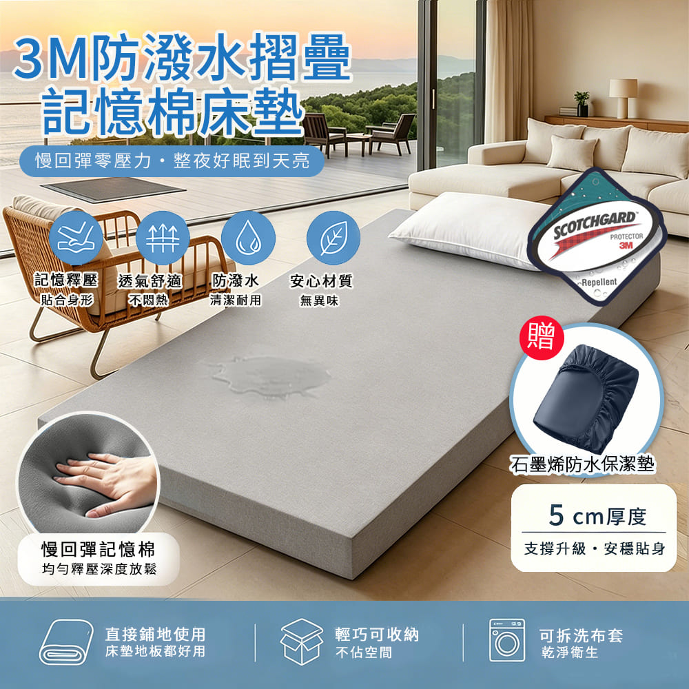 【Moonulune 柔月家居】3M防潑水5cm摺疊記憶棉床墊-尺寸任選/附石墨烯100%防水床包(贈專用收納袋/租屋宿舍推薦), , large