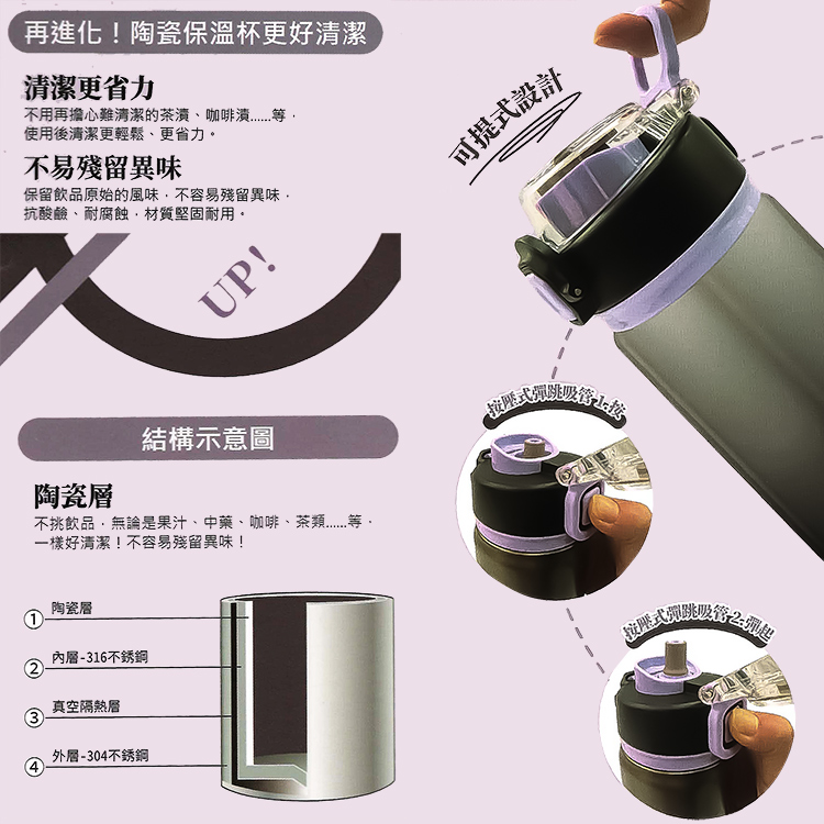晶鑽316不鏽鋼陶瓷運動彈跳保溫杯-500cc-不鏽鋼色-1支, , large
