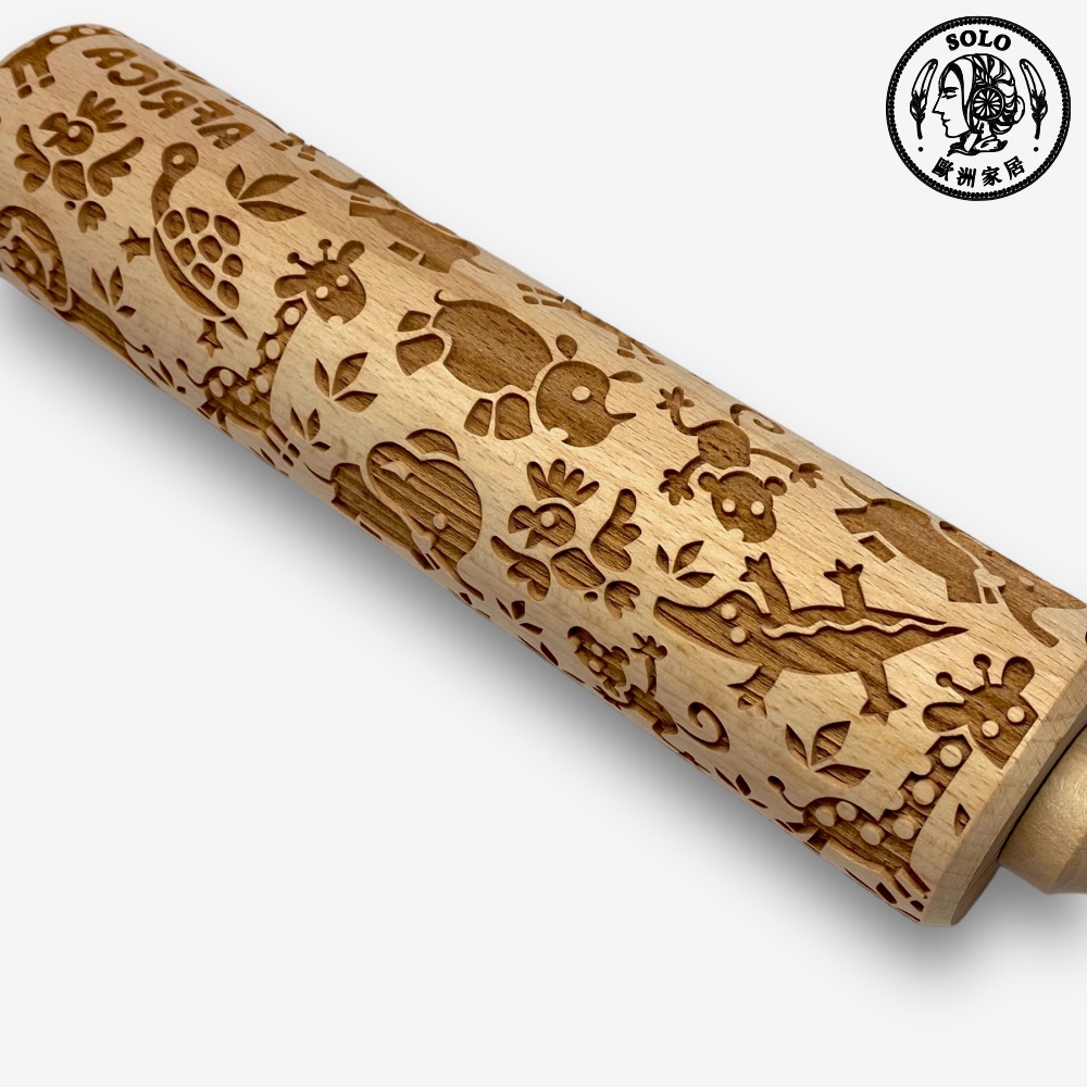 【SOLO歐洲家居】非洲動物 餅乾桿麵棍 43CM 壓紋 押花 印花 天然原木 歐洲櫸木 波蘭製造, , large