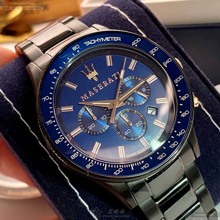 [星晴錶業]MASERATI手錶,44mm,R8873640001寶藍色錶面黑錶殼深黑色精鋼錶帶款, , large