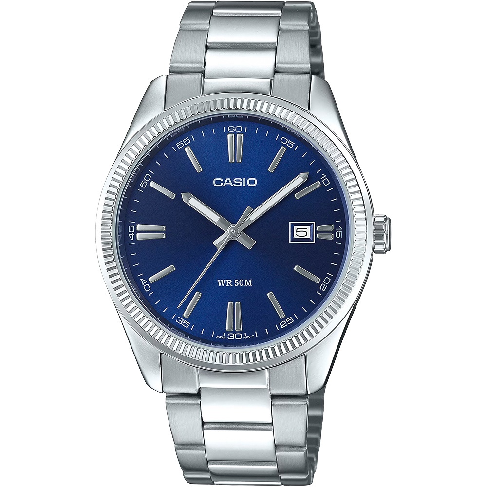 CASIO 卡西歐 城市日曆手錶-藍x銀 MTP-1302PD-2AV, , large