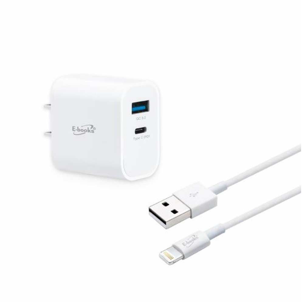 E-BOOKS B79 20W PD+QC3.0 Fast Charger comes with a Lightning Charging Cable 1.2M - Dual-Hole Output, , large