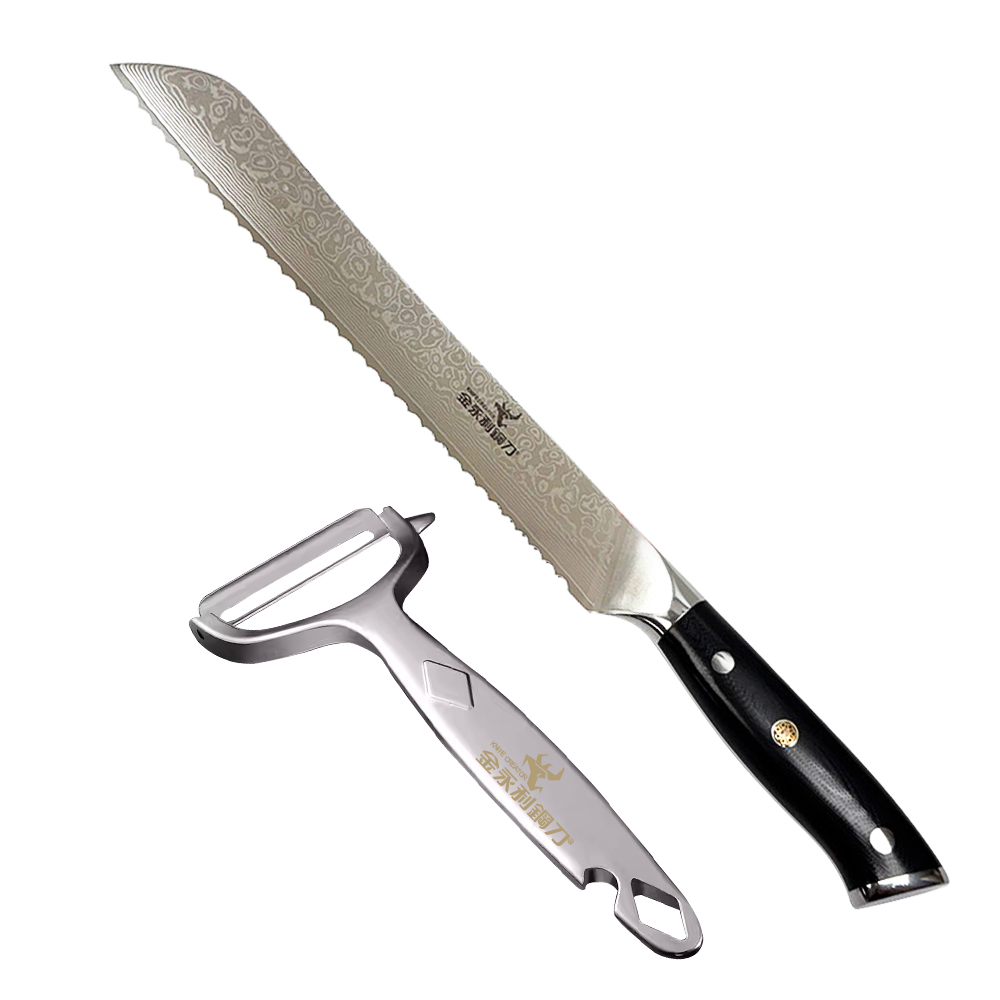 【金永利鋼刀】BN-01龍紋大馬士革鋼 麵包刀23cm (送鋅合金刨刀), , large