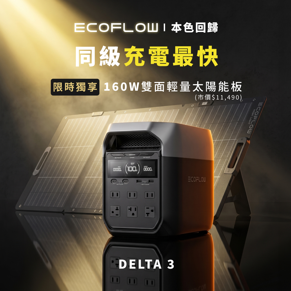【固士特】EcoFlow Delta 3 戶外儲電設備+160W XT60i 雙面輕量太陽能板+防水收納包(防颱必備 停電神器), , large