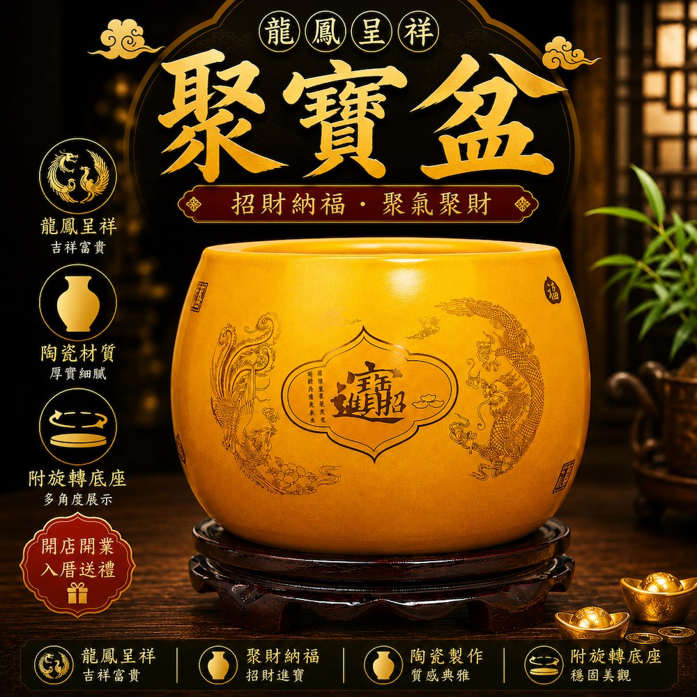 【A&R】招財開運 龍鳳呈祥聚寶盆附旋轉底座, , large