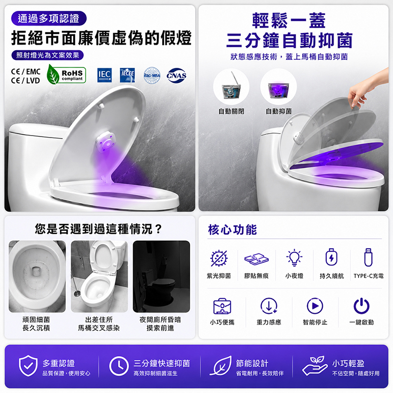 [翊承國際]【免運 + 贈品】馬桶抑菌UV燈 【通過多項認證】, , large