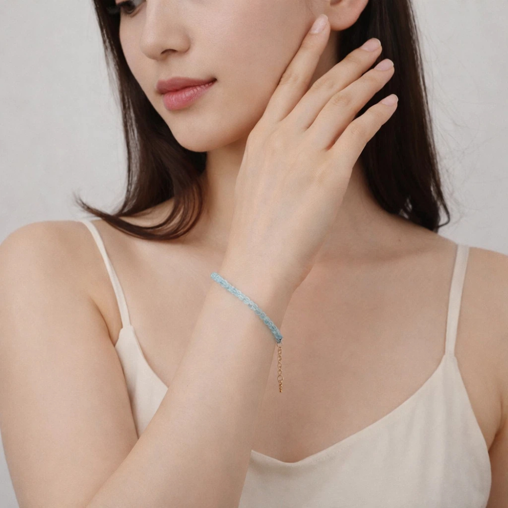【A&R】招財開運 天然海藍寶水晶純銀手鍊 3mm 附精美禮盒, , large