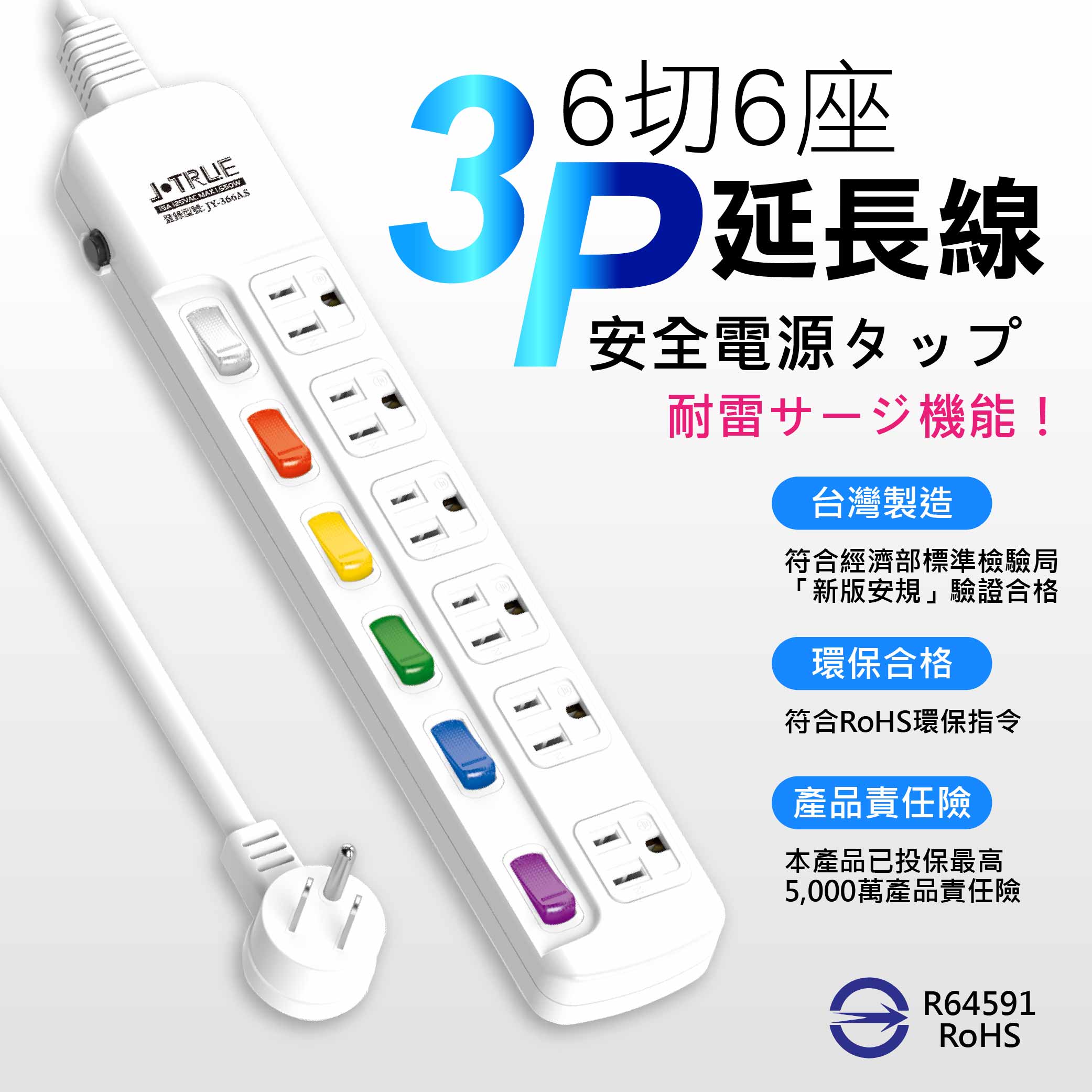 鉅玉經典｜六開六插任意轉延長線 15尺 JY-366AS-15, , large