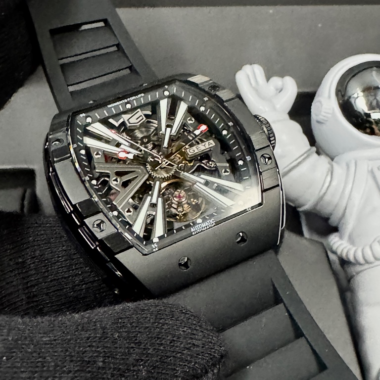 [星晴錶業]GEYA手錶,48mm, 52mm,G78130GWKK雙面機械鏤空錶面黑錶殼深黑色矽膠錶帶款, , large